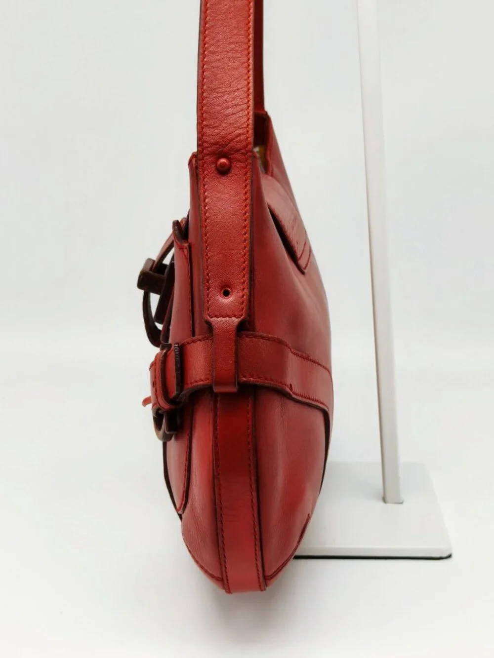Salvatore Ferragamo Vintage Red Leather Shoulder Bag Wood Gancini Buckle
